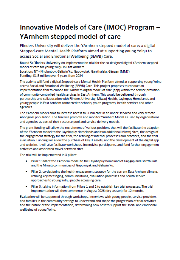 Innovative Models of Care (IMOC) Program – YArnhem stepped model of care