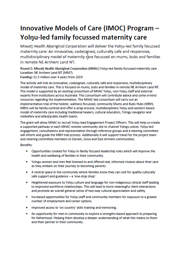 Innovative Models of Care (IMOC) Program – Yolŋu-led family focussed maternity care