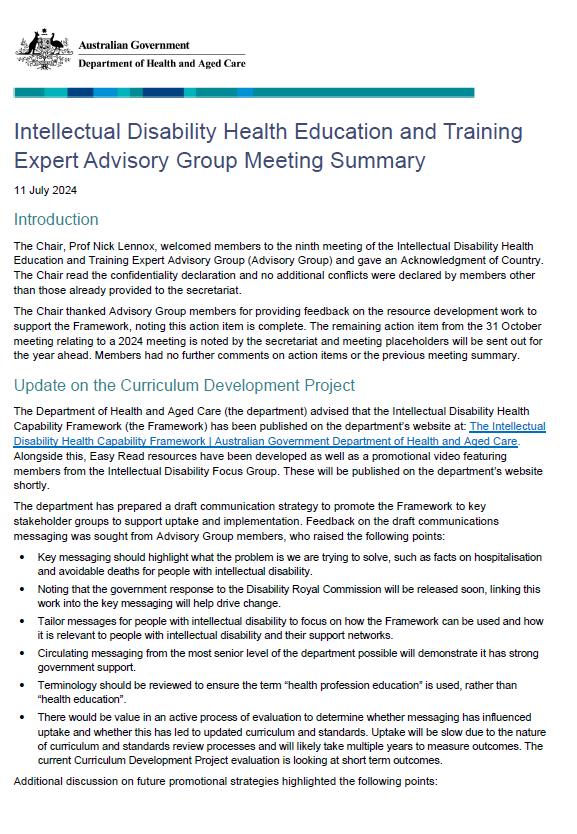 Cover page Intellectual Disability Health Education and Training Expert Advisory Group – Meeting summary 