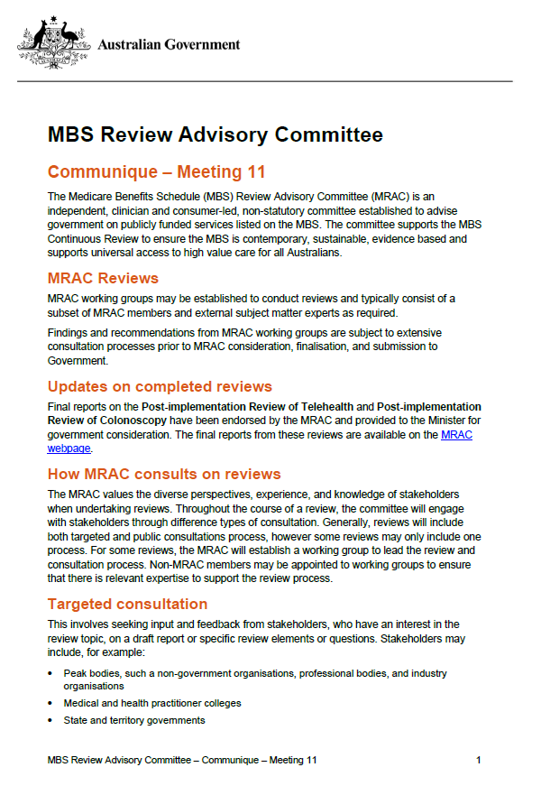 Cover page for the MBS Review Advisory Committee Communique – May 2024