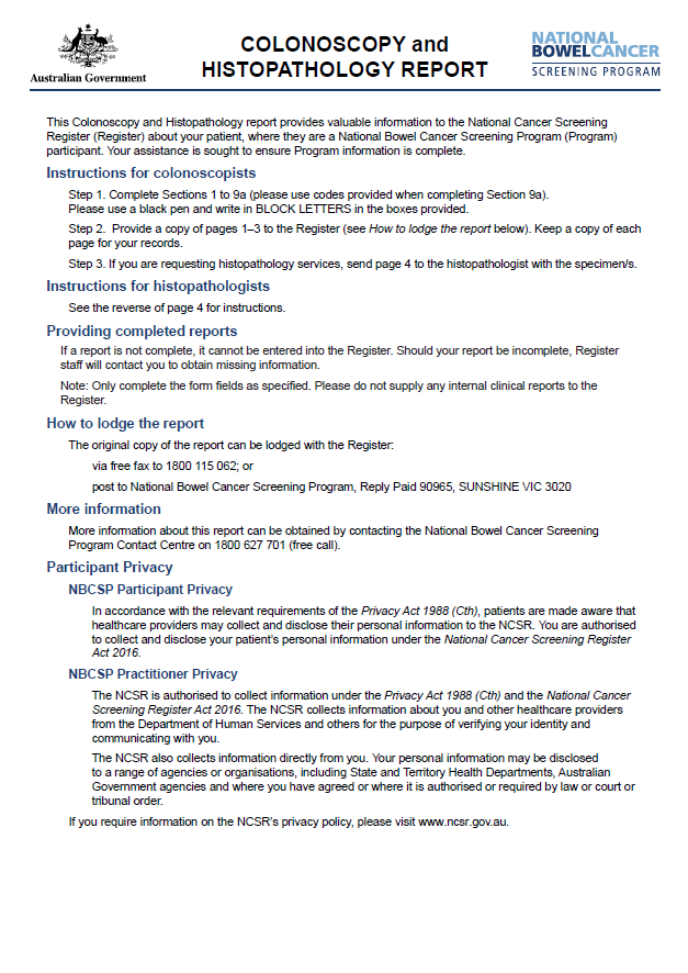 National Bowel Cancer Screening Program – Colonoscopy and histopathology report