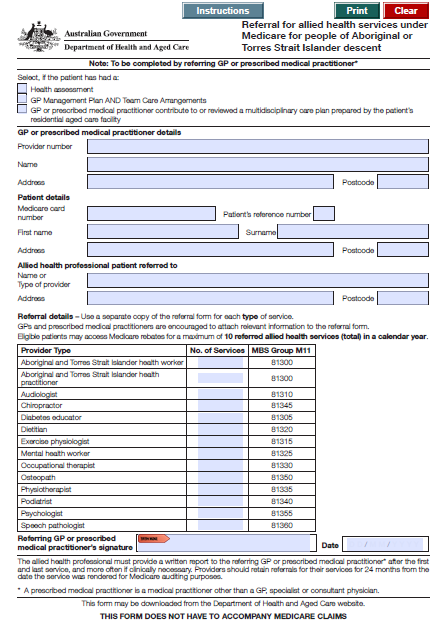 Screen capture of the cover page for the Referral for allied health services under Medicare for people of Aboriginal or Torres Strait Islander descent. form