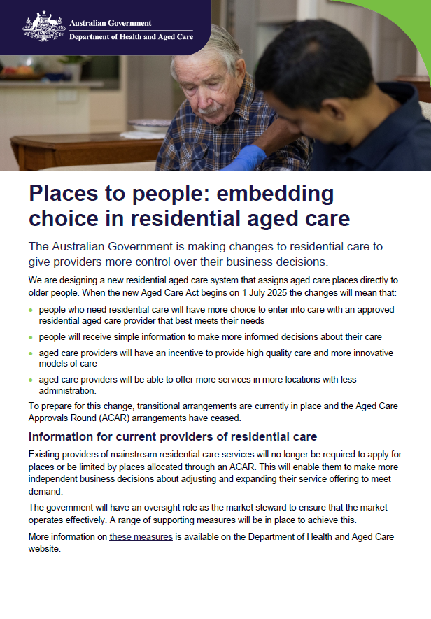 Places to people – Embedding choice in residential aged care – for providers 