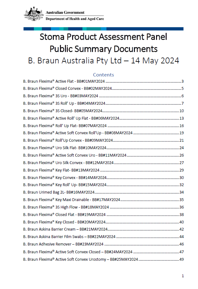 Cover page for the Stoma Product Assessment Panel – B. Braun public summary documents – May 2024