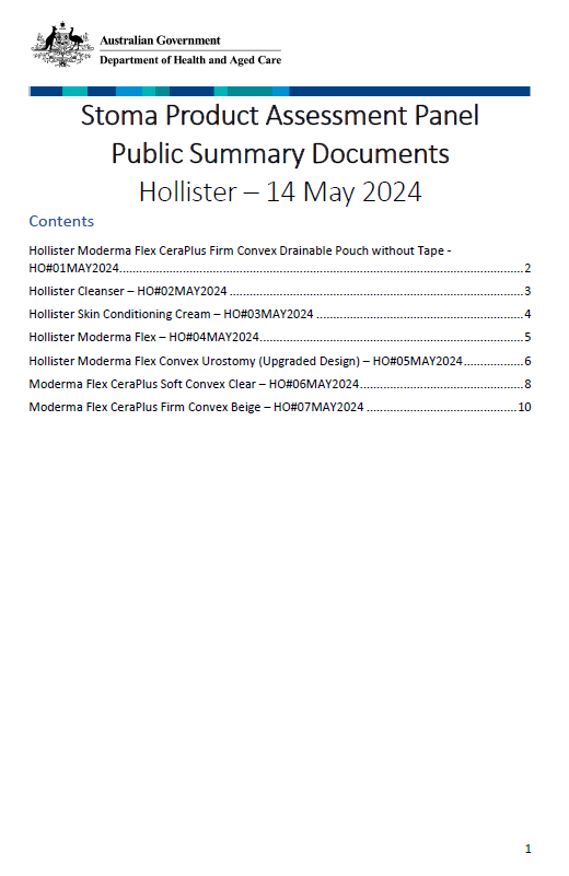 Cover page Stoma Product Assessment Panel – Hollister public summary documents – May 2024