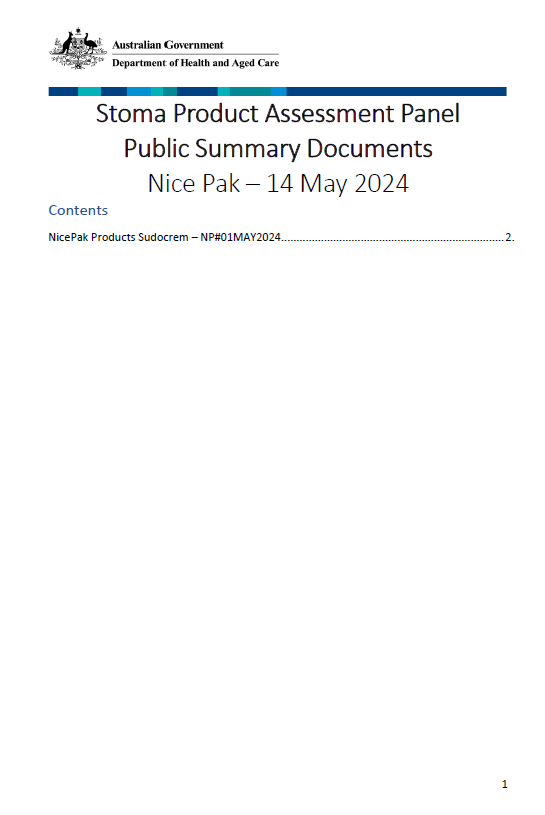 Cover page Stoma Product Assessment Panel – NicePak Products Sudocrem public summary documents