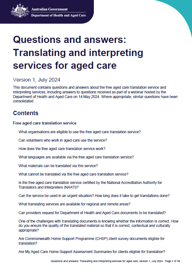 Translating and interpreting services for aged care webinar – Questions and answers