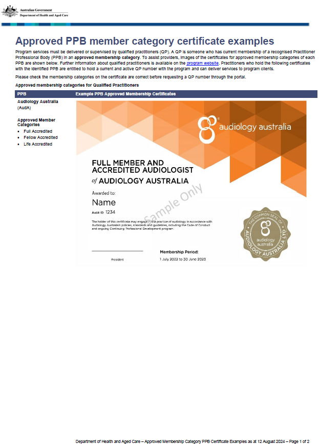 Cover page for Approved Practitioner Professional Body (PPB) member category certificate examples