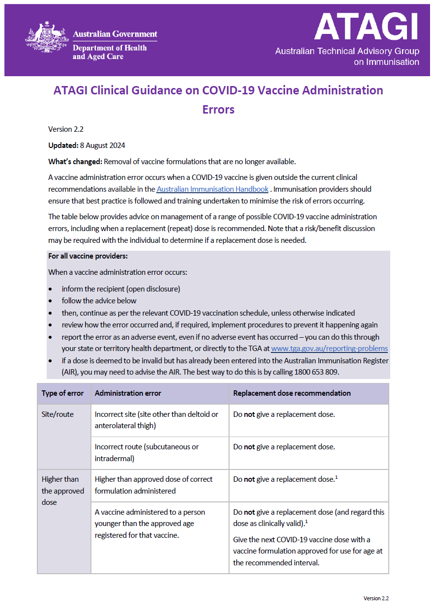 ATAGI clinical guidance on COVID-19 vaccine administration errors