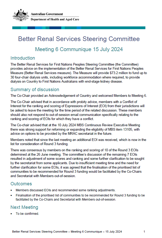 Cover page Better Renal Services Steering Committee communique – 15 July 2024