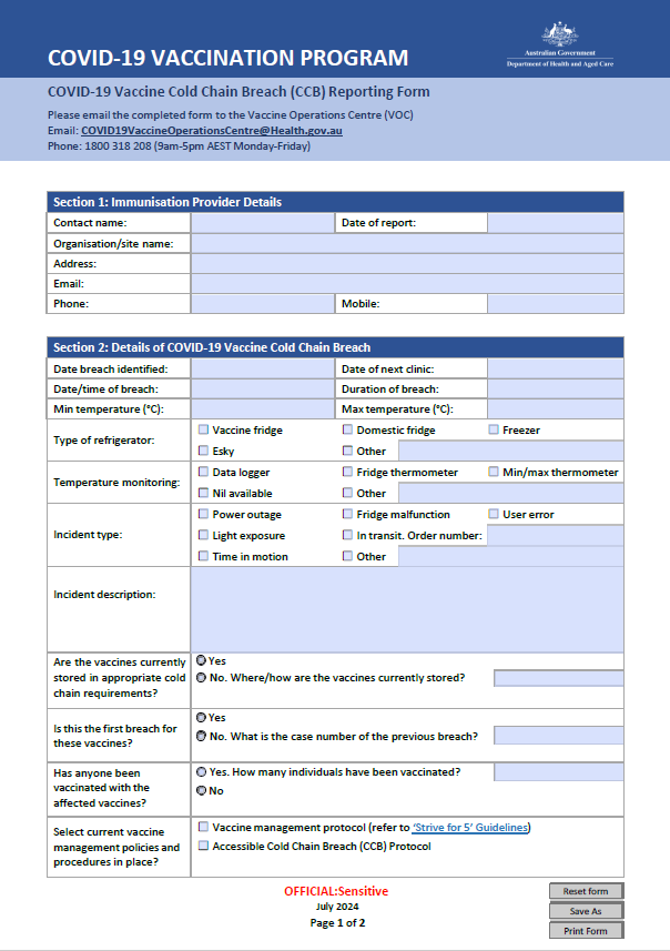 Cold Chain Breach (CCB) reporting form