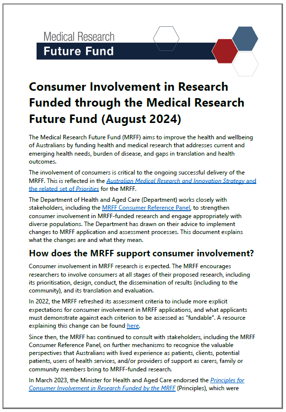 Cover page for the Consumer Involvement in Research Funded through the Medical Research Future Fund