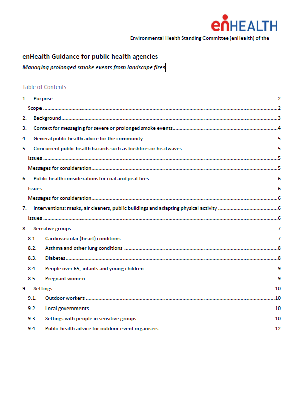 Cover page for the enHealth guidance – Guidance for public health agencies – Managing prolonged smoke events from landscape fires
