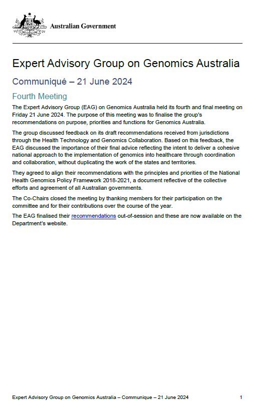 Cover page Expert Advisory Group on Genomics Australia communique – 21 June 2024