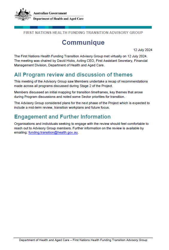 Screen capture image of the First Nations Health Funding Transition Advisory Group communique – 12 July 2024