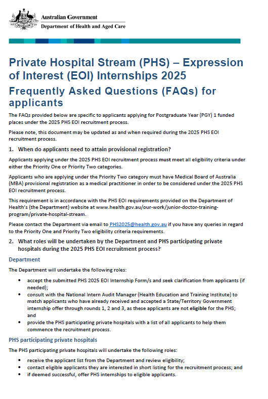 Cover page for the Frequently asked questions for applicants – Private Hospital Stream (PHS) – Expression of Interest (EOI) Internships 2024