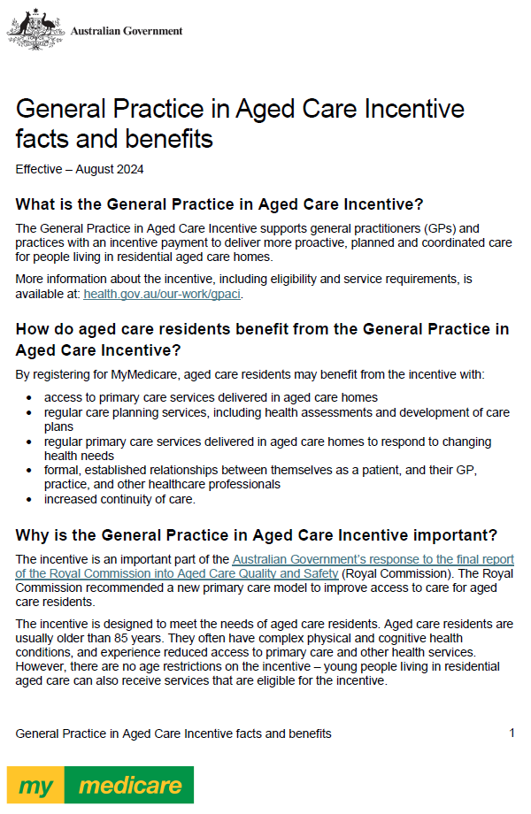 Cover page for the General Practice in Aged Care Incentive Facts and Benefits