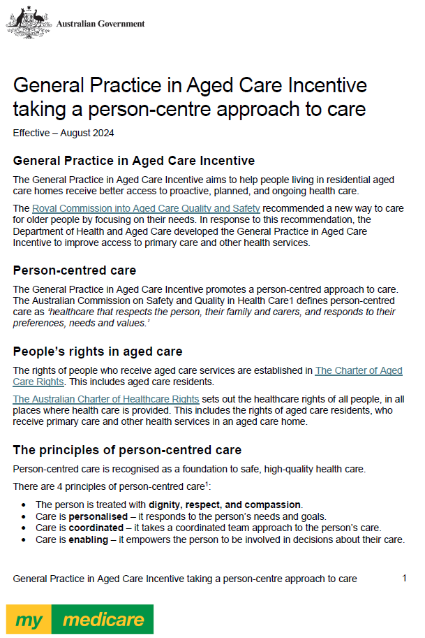 General Practice in Aged Care Incentive Person-Centred Care