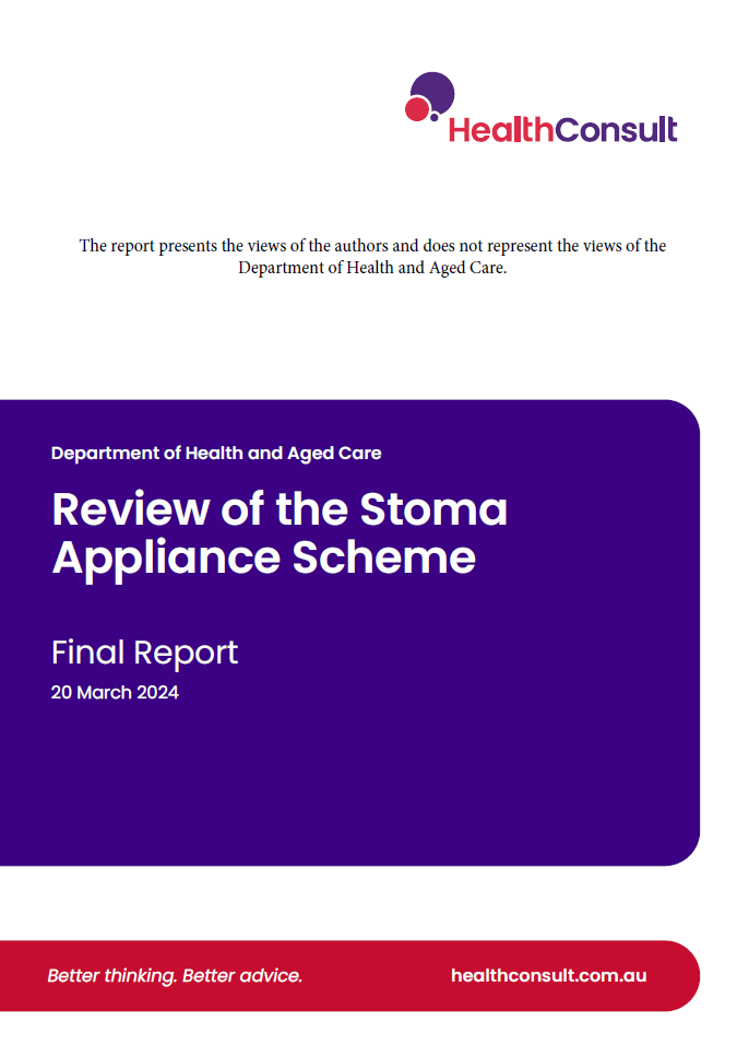 Image of the cover page for the HealthConsult Report – Stoma Appliance Scheme Schedule Review