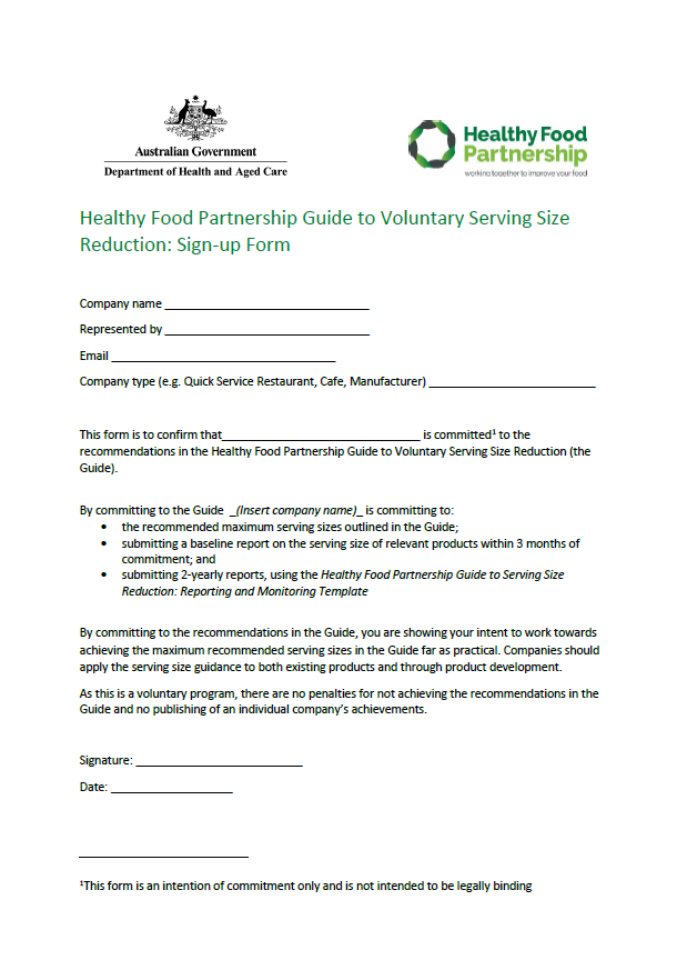Healthy Food Partnership – Industry guide to voluntary serving size reduction – Sign-up form