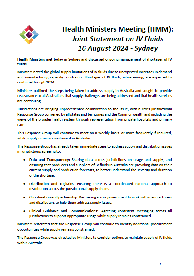 Joint Statement on IV Fluids – Health Ministers’ Meeting – 16 August 2024