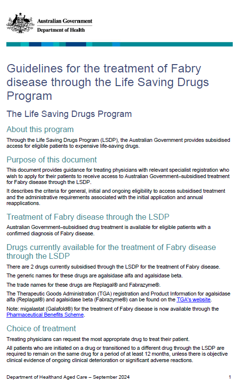 Cover page image for the Life Saving Drugs Program – Fabry disease – Guidelines (Sept)
