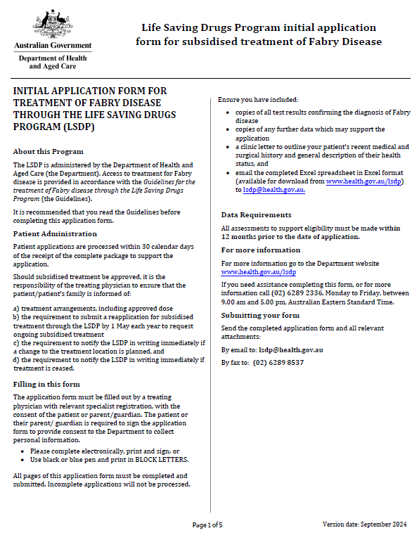 Cover page of the Life Saving Drugs Program – Fabry disease – Initial application