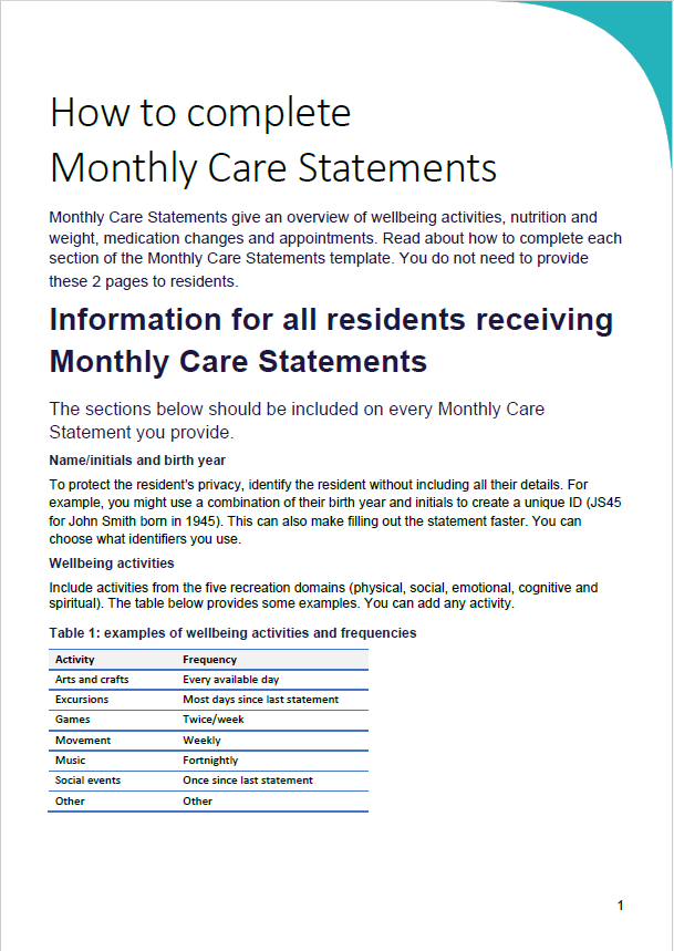 Monthly Care Statements Template and Instructions