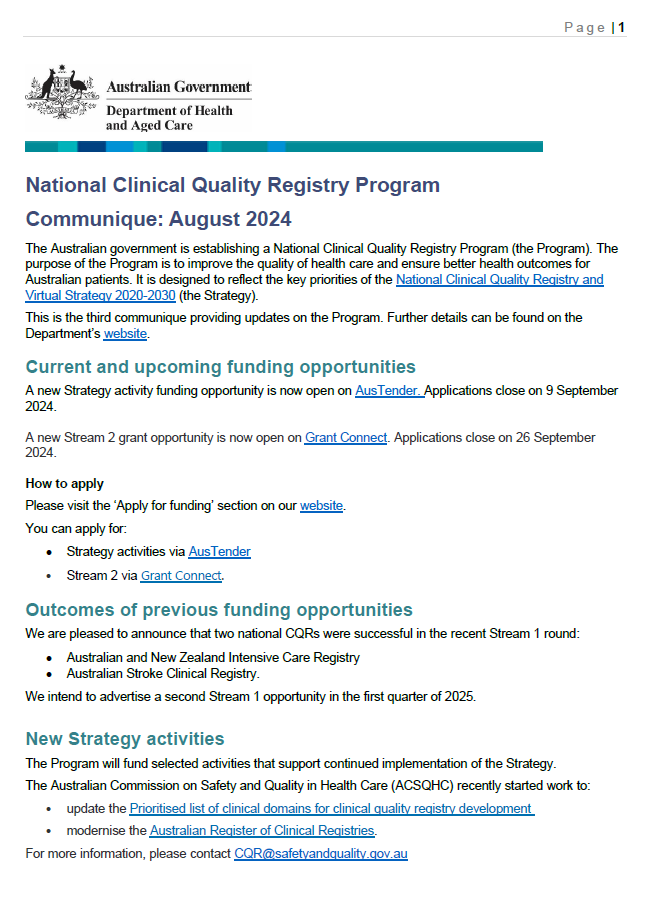 Cover page for the National Clinical Quality Registry Program – Communique, August 2024