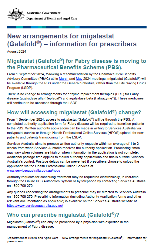 Cover page for New arrangements for migalastat (Galafold®) – information for prescribers
