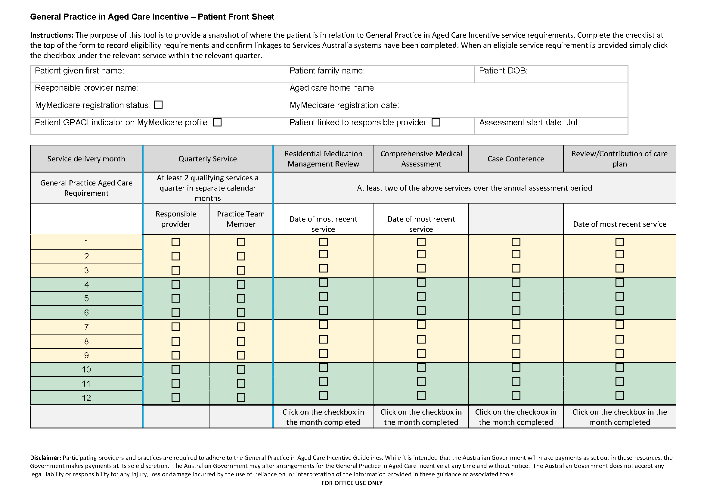 Screen capture of the Patient front sheet template