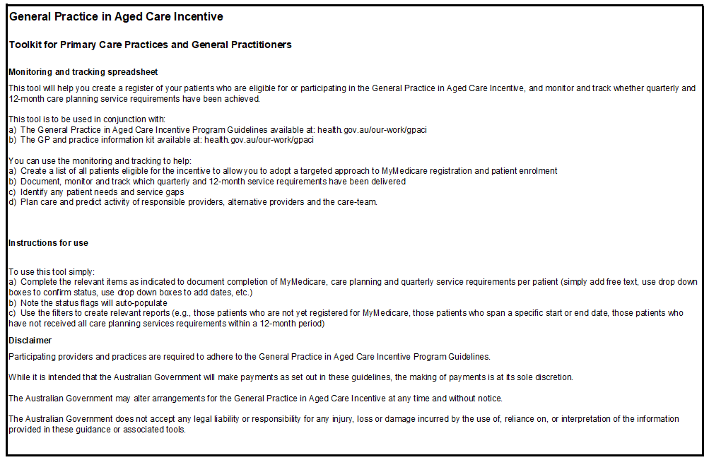 Screen capture of the General Practice in Aged Care Incentive speadsheet