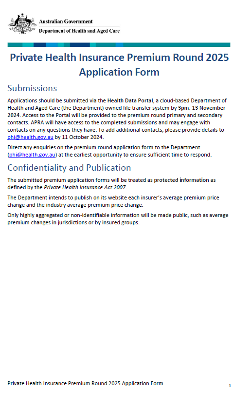 Cover page for the PHI premium application form (2025)