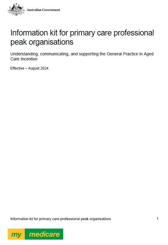 Cover page for the Residential Aged Care Experts and Peaks Information Kit