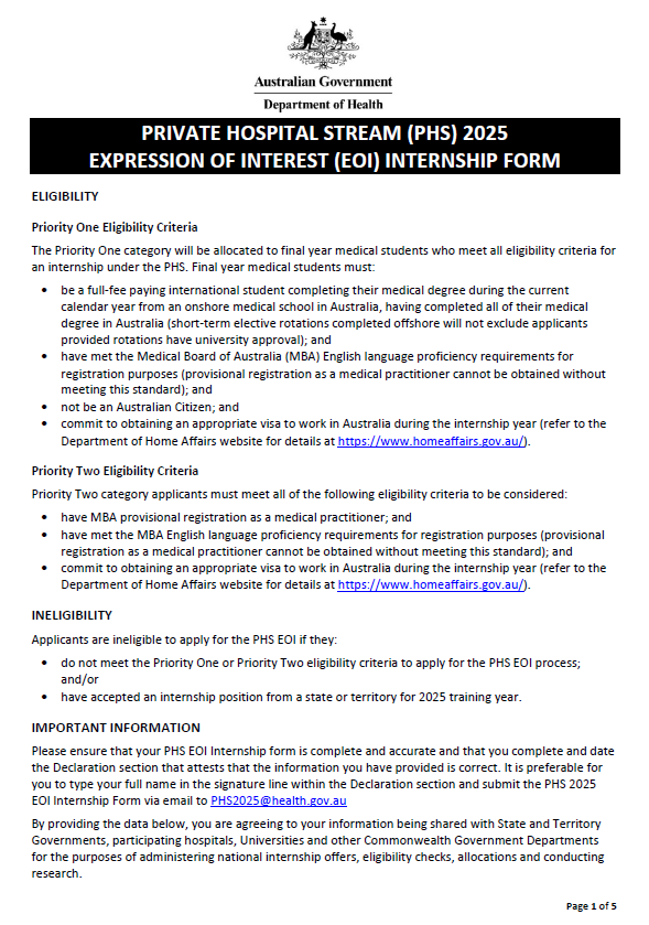 Cover page Private Hospital Stream (PHS) – Expression of Interest (EOI) internship form