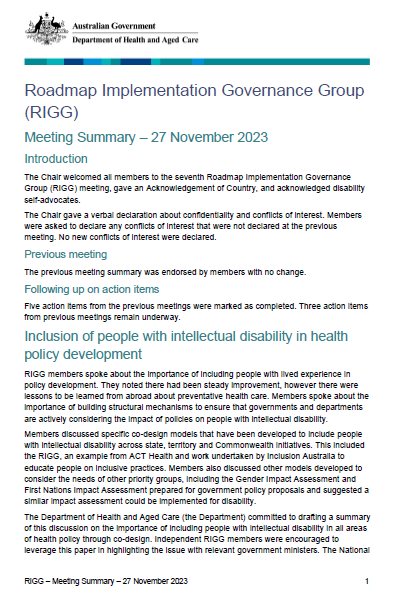 Cover page from the RIGG Meeting Summary – 27 November 2023