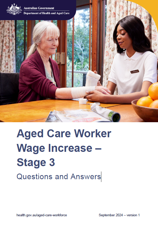 Cover page for the Aged Care Worker Award Wage Increase – Stage 3 – Questions and answers