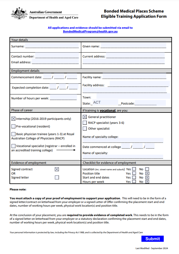 Bonded Medical Places Scheme Eligible Training Application Form
