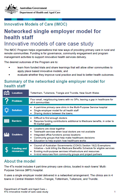 Cover page for the Networked single employer model for health staff