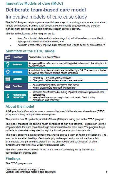 Cover page for the Deliberate team-based care model