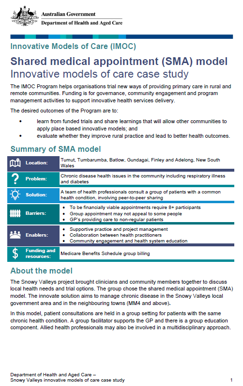 Cover page for the Shared medical appointment (SMA) model Innovative models of care case study