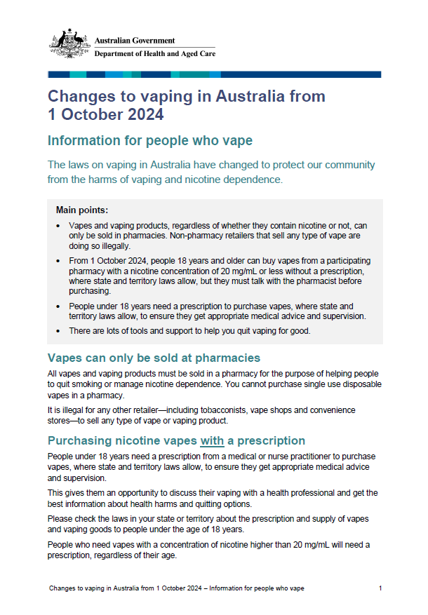 Changes to vaping in Australia from 1 October 2024 – Fact sheet for people who vape