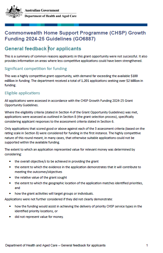 Image of Commonwealth Home Support Programme (CHSP) Growth Funding 2024-25 (GO6887) applicant feedback summary