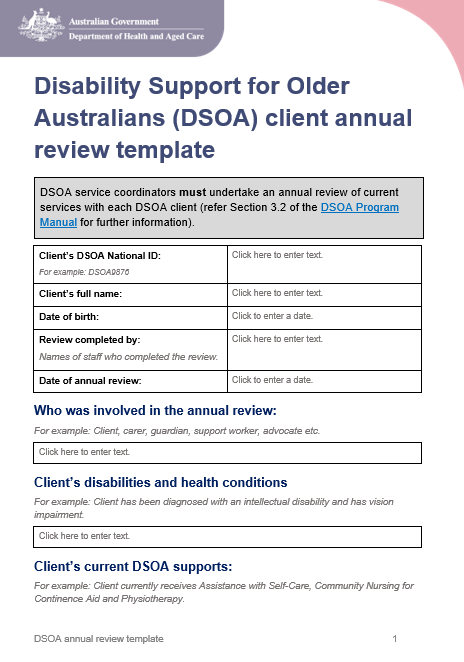 Cover page for the Disability Support for Older Australians (DSOA) client annual review template
