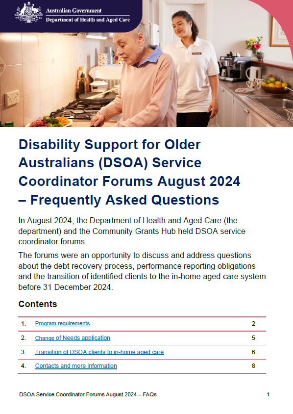 Cover page for the Disability Support for Older Australians (DSOA) Service Coordinator Forums August 2024 – Frequently Asked Questions