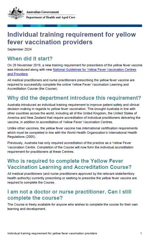 Cover image of the Individual training requirement for yellow fever vaccination providers fact sheet