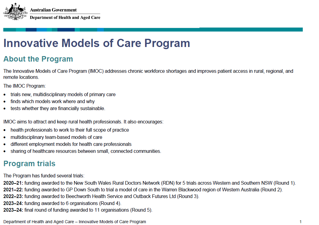 Cover page for the Innovative Models of Care Program