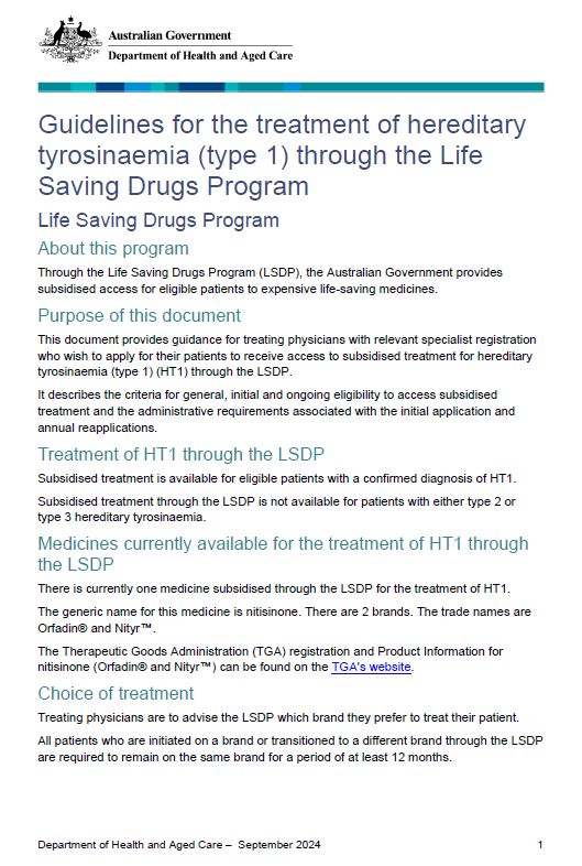 Cover image of the Life Saving Drugs Program – Hereditary tyrosinaemia (type 1) – Guidelines