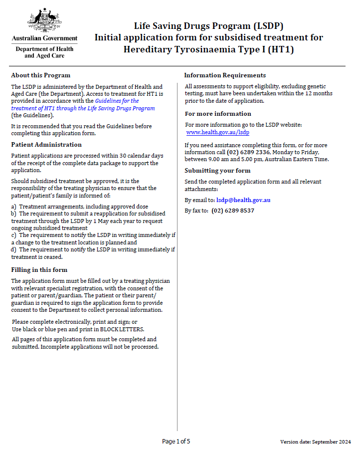 Image of the Life Saving Drugs Program – Hereditary tyrosinaemia (type 1) – Initial application
