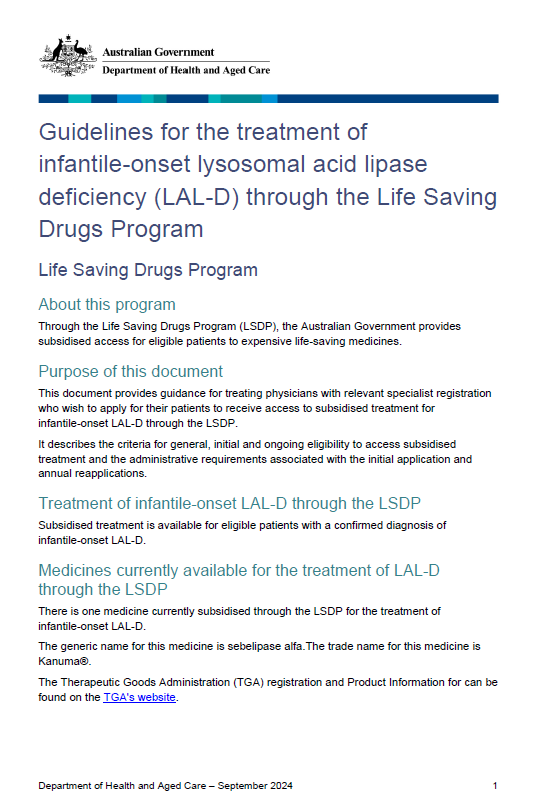Cover page for the Life Saving Drugs Program – Infantile-onset lysosomal acid-lipase deficiency disease (LAL-D) – Guidelines